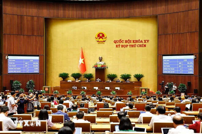越南第十五届国会第九次会议于6月16日表决通过《教师法》。图自越通社 2106-luat-nha-giao.jpg