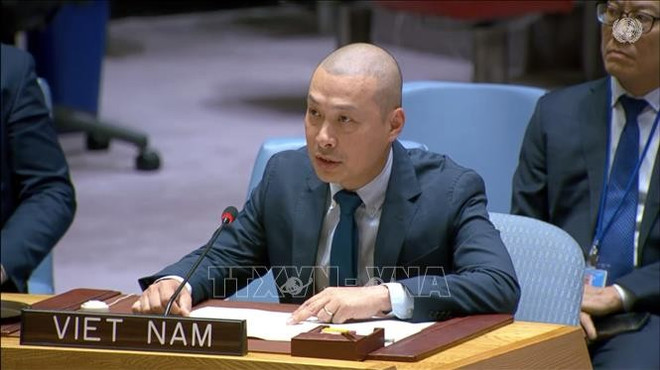 越南常驻联合国代表团临时代办阮黄元公使。图自越通社 vna-potal-viet-nam-keu-goi-giai-phap-cho-mot-nen-hoa-binh-cong-bang-va-ben-vung-tai-gaza-stand.jpg