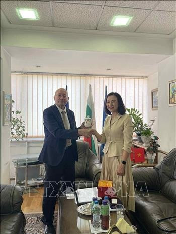 阮氏明月大使与保加利亚工商会主席茨维坦。图自越通社 u-co-hoi-moi-ve-thuong-mai-dau-tu-cho-doanh-nghiep-viet-nam-stand.jpg