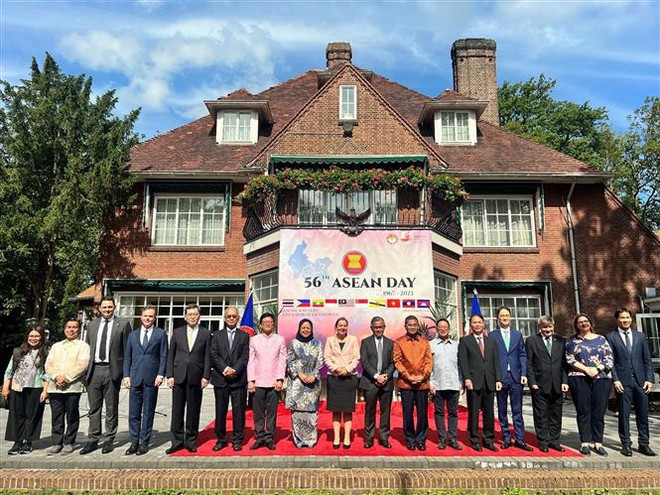 东盟成立56周年：东盟盟旗升旗仪式美荷俄委等国举行 ảnh 2