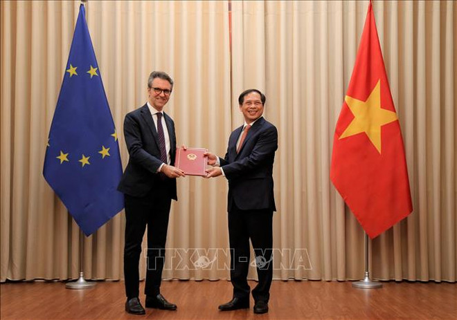 越南代表向欧盟驻河内代表团递交EVFTA和EVIPA的批准文件 ảnh 1 越南代表向欧盟驻河内代表团递交EVFTA和EVIPA的批准文件 ảnh 1
