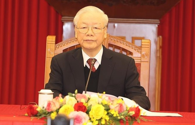 越共中央总书记阮富仲与古共中央第一书记、古巴共和国国家主席迪亚斯·卡内尔通电话 ảnh 1