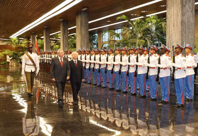 越共中央总书记阮富仲同古巴国务委员会主席劳尔•卡斯特罗举行会谈 ảnh 1