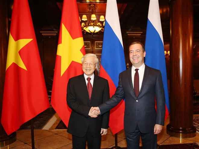 越共中央总书记阮富仲会见俄罗斯总理梅德韦杰夫 ảnh 1 越共中央总书记阮富仲会见俄罗斯总理梅德韦杰夫 ảnh 1