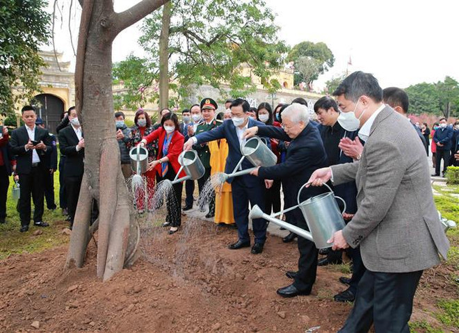 越共中央总书记、国家主席阮富仲在升龙皇城遗迹区上香和植树留念 ảnh 2 越共中央总书记、国家主席阮富仲在升龙皇城遗迹区上香和植树留念 ảnh 2