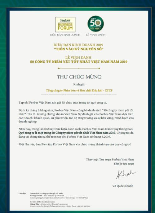 PVFCCo第五次入围越南最佳上市公司50强名单 ảnh 1 PVFCCo第五次入围越南最佳上市公司50强名单 ảnh 1