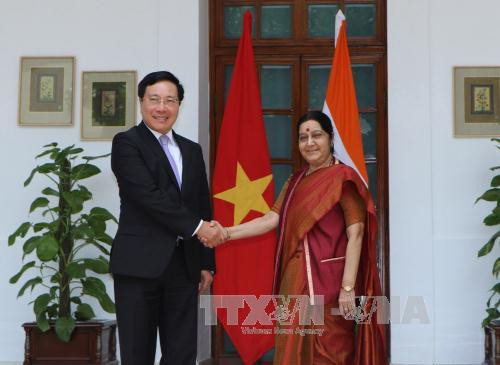 政府副总理兼外长范平明与印度外长斯瓦拉杰举行会谈 ảnh 1 政府副总理兼外长范平明与印度外长斯瓦拉杰举行会谈 ảnh 1