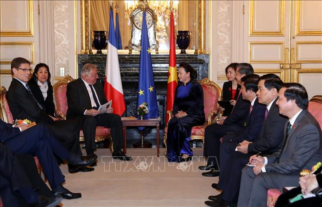 越南国会主席阮氏金银与法国参议院议长拉尔歇就许多问题交换看法 ảnh 1