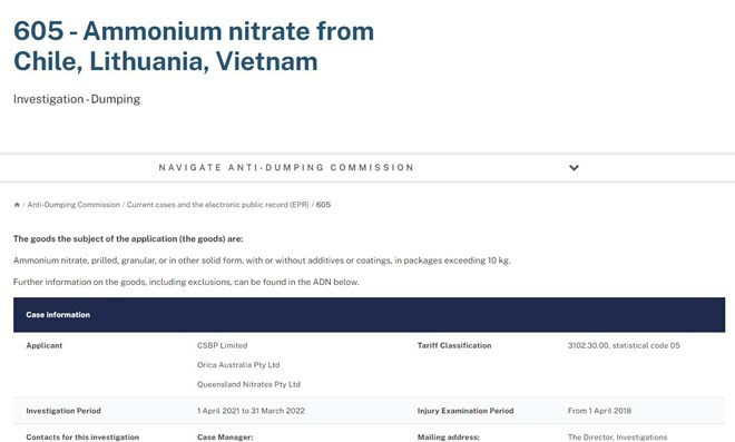澳大利亚对越南硝酸铵产品不征收反倾销税 ảnh 1 澳大利亚对越南硝酸铵产品不征收反倾销税 ảnh 1