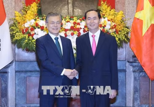 越南国家主席陈大光与韩国总统文在寅共同召开记者会 ảnh 1