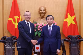 越共中央政治局委员、胡志明国家政治学院院长段明训副教授、博士会见日本国际协力机构驻越南首席代表小林洋介。图自越通社