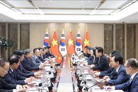 越共中央总书记苏林与韩国总统李在明举行会谈。图自越通社