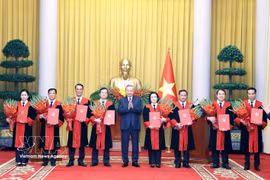 苏林总书记、国家主席同最高人民法院法官合影。图自越通社