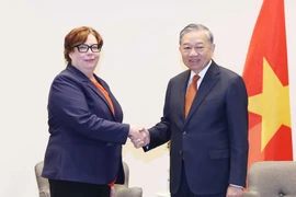 越共中央总书记苏林会见芬兰共产党总书记蒂娜·桑德伯格。图自越通社