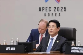 越南国家主席梁强出席2025年APEC领导人会议第一阶段会议。图自越通社