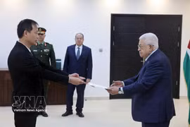 越南驻埃及兼驻巴勒斯坦国大使阮南阳向巴勒斯坦总统马哈茂德·阿巴斯递交了国家主席梁强的国书。图自越通社