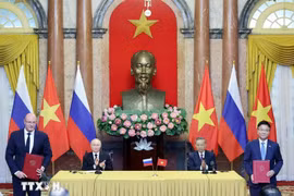 越南国家主席苏林与俄罗斯总统普京出席两国合作文件签署仪式。图自越通社