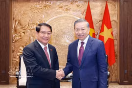 越共中央总书记、国家主席苏林会见老挝万象市委书记、市人民议会主席阿沙庞通。图自越通社