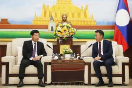 越南外交部副部长阮孟强与老挝中央对外部代理部长本莱·班达努冯。图自越通社