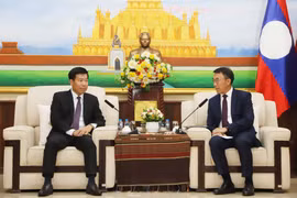 越南外交部副部长阮孟强与老挝中央对外部代理部长本莱·班达努冯。图自越通社