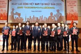 范光效大使与获得表扬信的17家用工企业合影。图自越通社