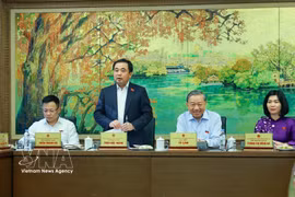 越共中央总书记、国家主席苏林同河内市国会代表进行分组讨论。图自越通社