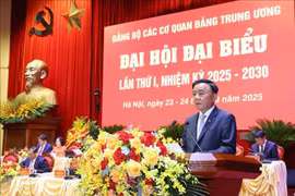 越共中央政治局委员、书记处常务书记、直属机关党委书记陈锦秀发言。图自越通社
