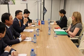 越南政府副总理黎成龙会见国际移民组织（IOM）总干事艾米·波普。图自越通社