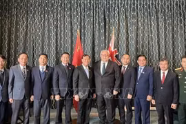 新西兰议会议长格里·布朗利与越南国会国防安全与对外委员会代表团合影。图自越通社