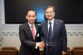 越南外交部代理部长黎怀忠会见了韩国外长赵贤。图自越通社