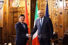 越南司法部副部长梅良魁会见意大利司法部长卡洛·诺迪奥。图自越通社