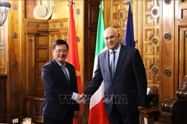 越南司法部副部长梅良魁会见意大利司法部长卡洛·诺迪奥。图自越通社