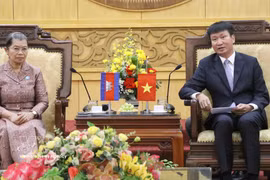宁平省委书记陈辉俊（右）与柬埔寨祖国发展团结阵线国家委员会主席梅森安。图自越通社