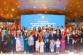 越南国会主席陈青敏和夫人阮氏清娥及越南高级代表团同越南驻土耳其大使馆干部、工作人员及旅土越南人社群合影。图自越通社