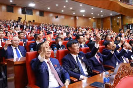 与会代表表决通过大会决议。图自越通社