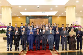 越共中央书记处常务书记陈锦秀与东南亚各国政党代表合影。图自越通社