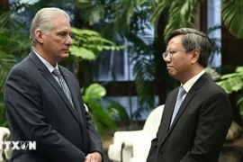 越南驻古巴特命全权大使黎光龙与古共中央第一书记、古巴共和国主席米格尔·迪亚斯-卡内尔·贝穆德斯。图自越通社