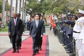 安哥拉总统若昂·曼努埃尔·贡萨尔维斯·洛伦索与越南国家主席梁强进行检阅仪仗队。图自越通社