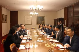 阮玉俊一行与新南威尔士州参议院副议长罗德尼·约翰·罗伯茨举行工作会议。图自越通社