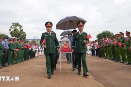 在柬牺牲的越南志愿军和专家烈士遗骸归国迎接仪式。图自越通社