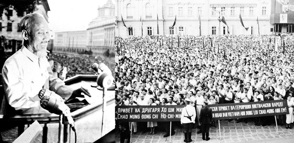 1957年8月13日胡志明主席出席欢迎他老家在对保加利亚进行正式友好的集会并发表讲话。此次访问成为两国关系历史上的重要里程碑。图自越通社