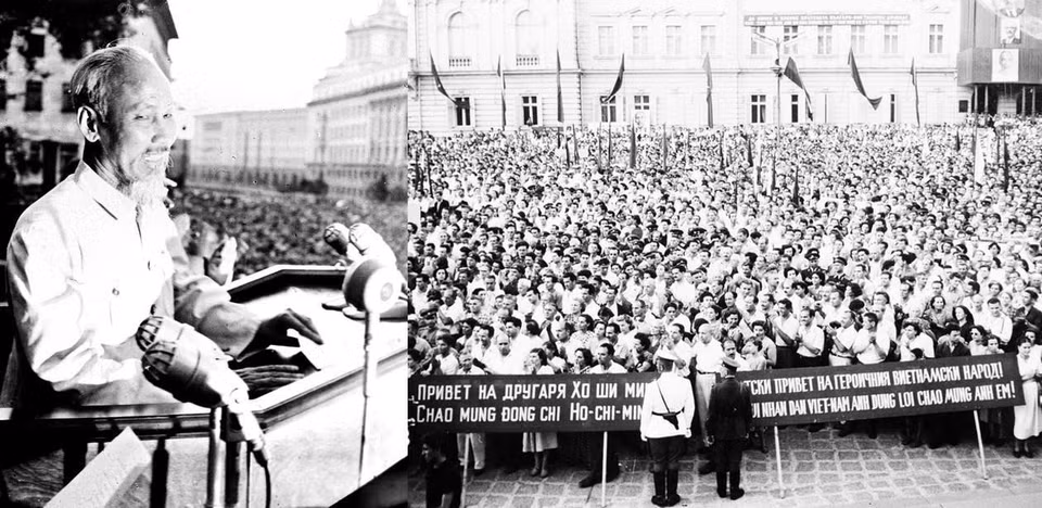 1957年8月13日胡志明主席出席欢迎他老家在对保加利亚进行正式友好的集会并发表讲话。此次访问成为两国关系历史上的重要里程碑。图自越通社