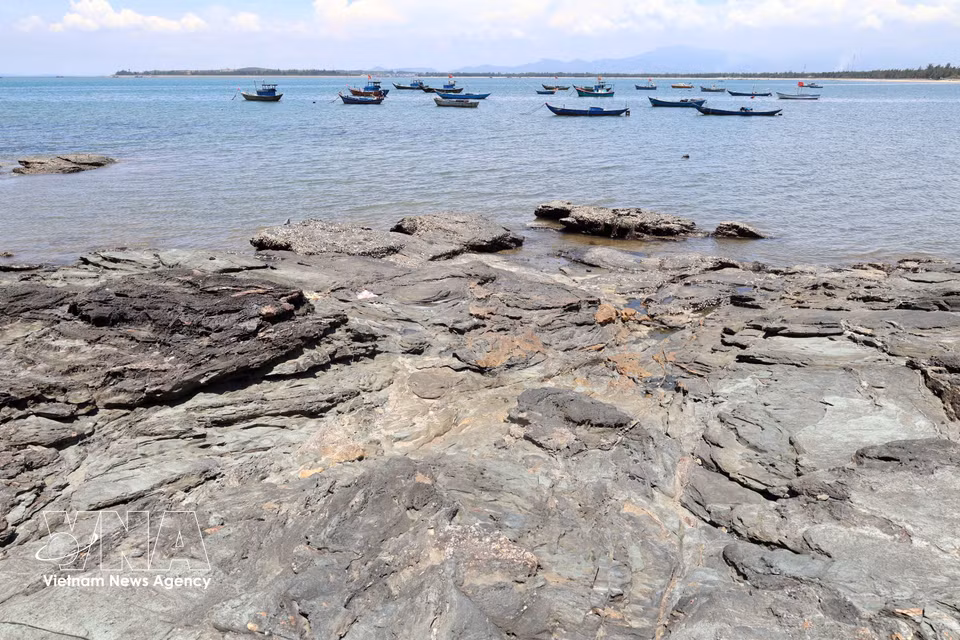 盘碳石滩景区内大片黑色岩层向海延伸，形成独特壮观的海岸地貌。图自越通社