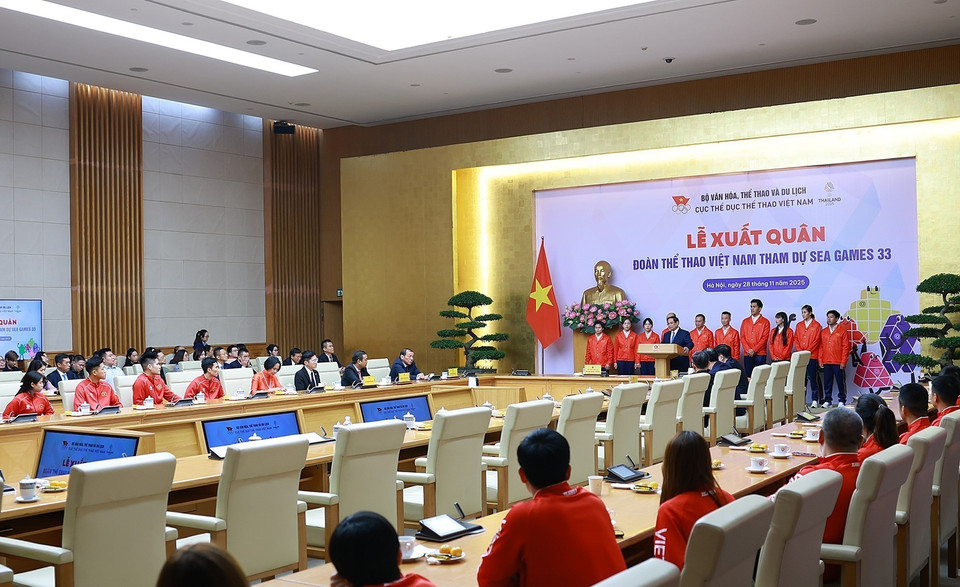 越南政府总理范明政出席越南体育代表团参加第33届东南亚运动会的出征仪式。图自越通社