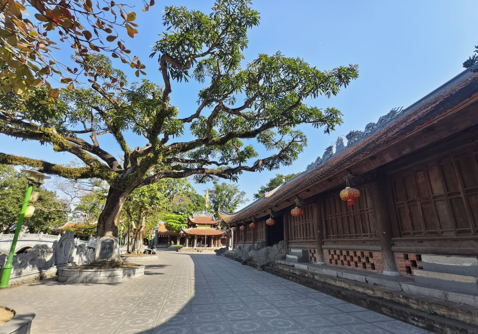 同骑亭门（三门）规模宏大、气势庄严，具有浓厚的北部平原乡村亭门特色，包括中央正门和两侧辅门。图自越通社