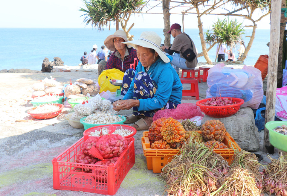 李山岛县的小岛海滩上摆售的当地特色美食,供游客品尝。图自越通社