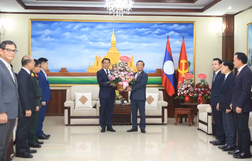 越南驻老挝大使阮明心转交越共中央总书记苏林致老挝人民革命党建党71周年的花篮。图自越通社