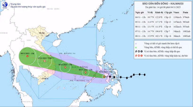 台风“海鸥”于11月4日14时的中心坐标。图自越南国家气象水文预报中心