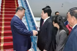 越南国家主席梁强来到内排国际机场迎接习近平一行。图自越通社 