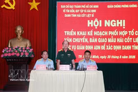 胡志明市烈士遗骸搜寻、归集与身份确认指导委员会副主任阮廷准大校发表讲话。图自越通社